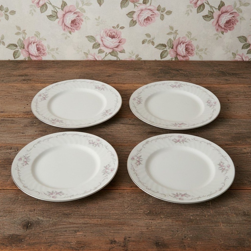 Gold Standard Fine China Salad Plates, Set of 4, Vintage Pink Roses Dinnerware